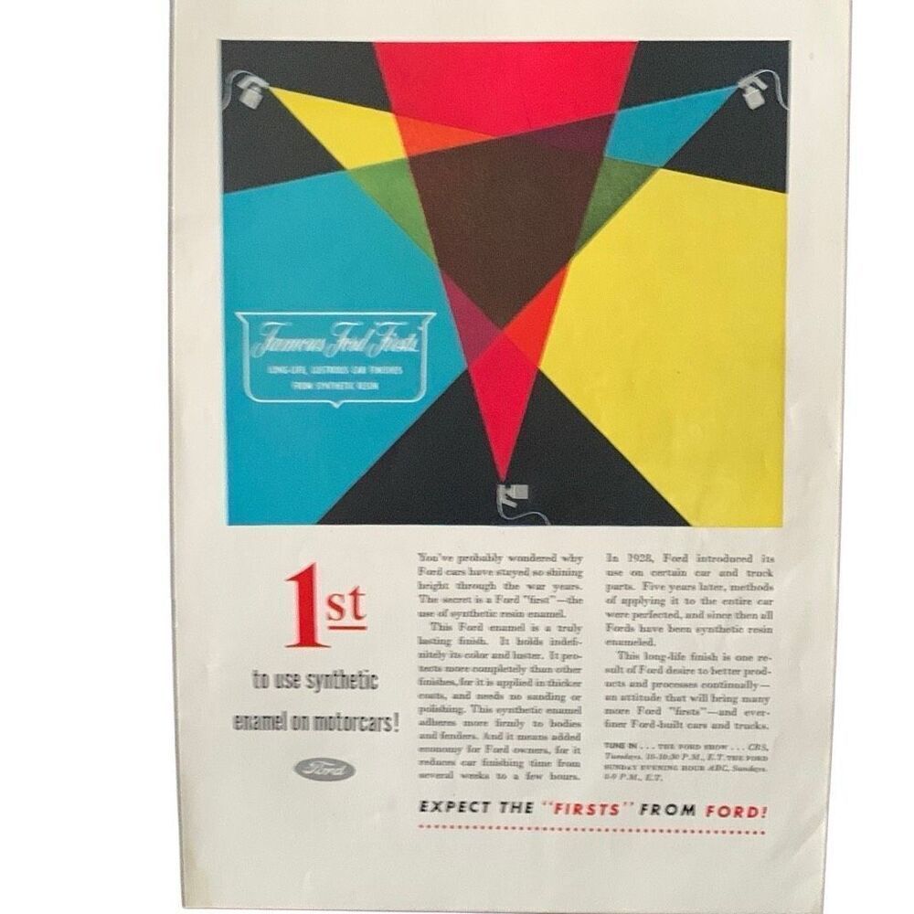 Vintage 1945 Ford Firsts Synthetic Enamel Ad Advertisement